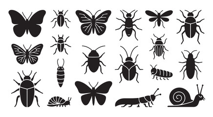 Black silhouette icons showing collection of insects beetles butterflies and snails set. © Tamanna
