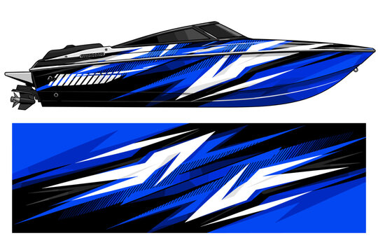 Blue and black geometric racing speed boat wrap design.