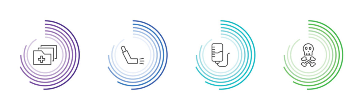 medical and healthcare icon set with medical results folders, inhalator, iv, skull and bone signs in flat outline style