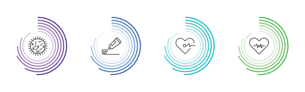 medical and healthcare icon set with germs, brush with tooth paste, cardiogram, diagtic signs in flat outline style