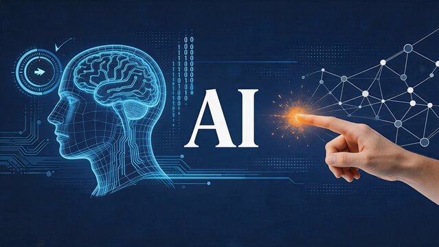 Human brain wireframe connected to neural network nodes, artificial intelligence and cognitive computing technology concept