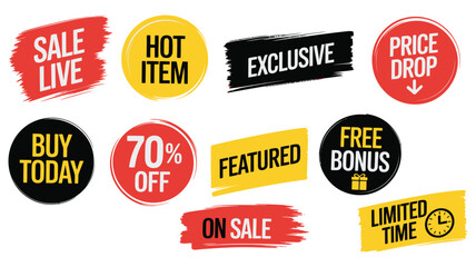 Fototapeta premium Sale labels vector, grunge offer badges with promotional text, hot item, sale live, free bonus, distressed sticker design,