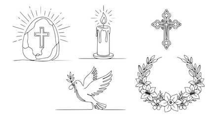 Fototapeta premium Easter Symbols Collection: Egg, Candle, Cross, Dove, Wreath - Line Art