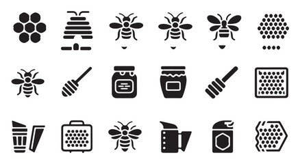 Set of bee keeping equipment icons showing honey jars and honeycomb collection for design. © Tamanna