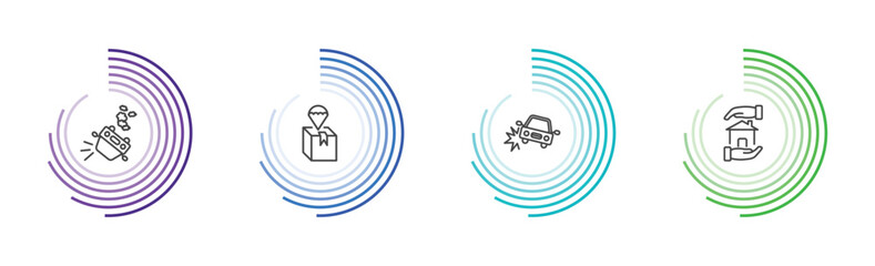 Fototapeta premium insurance and coverage icon set with overturned car, delivery insurance, accident, house insurance signs in flat outline style