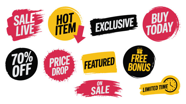 Sale labels vector, grunge offer badges with promotional text, hot item, sale live, free bonus, distressed sticker design,
