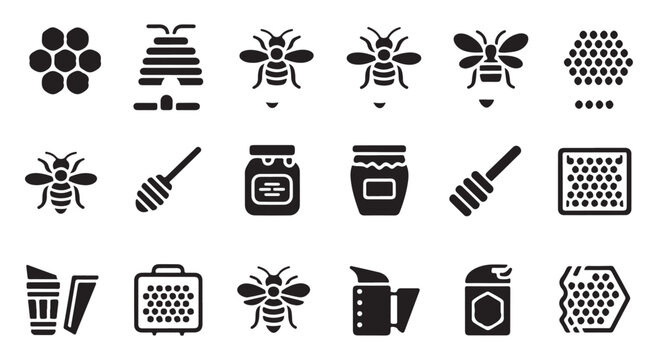 Set of bee keeping equipment icons showing honey jars and honeycomb collection for design.