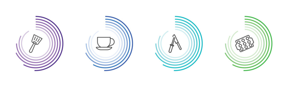 kitchen icon set with spatula, tea cup, knife sharpener, muffin pan signs in flat outline style