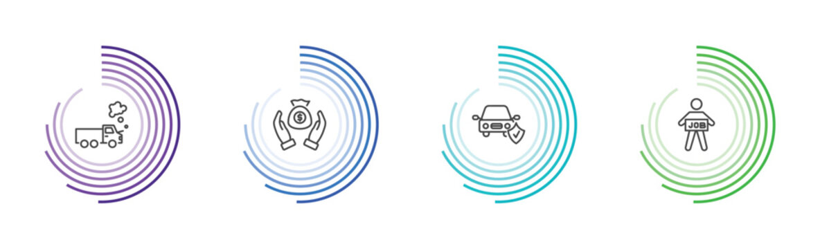 insurance and coverage icon set with total loss, savings, car insurance, unemployed signs in flat outline style