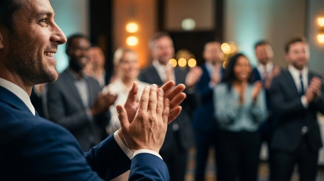 Successful team celebration with colleagues giving a standing ovation to an awarded member.