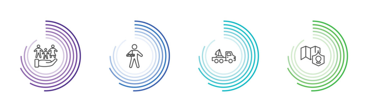 insurance and coverage icon set with familiar insurance, broken arm, towed car, coverage area signs in flat outline style