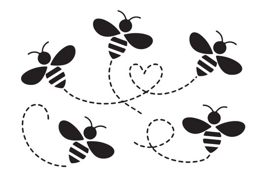 Honey bee flight path set with dashed lines and heart shape for romantic nature concept art.