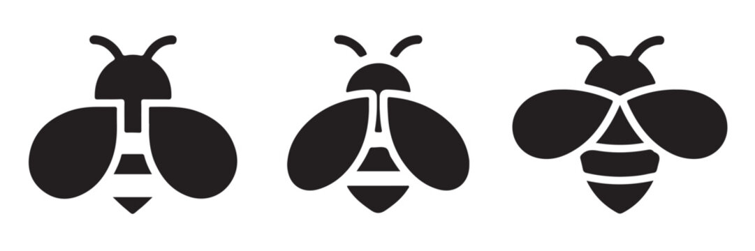 Bee icon vector set, honey bee or bumblebee flat icon collection, isolated black insect symbols.