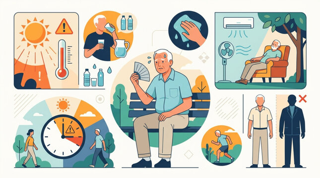 Elderly man fanning himself in heat, surrounded by visual tips on staying cool and avoiding heatstroke with hydration and air conditioning in an outdoor park setting