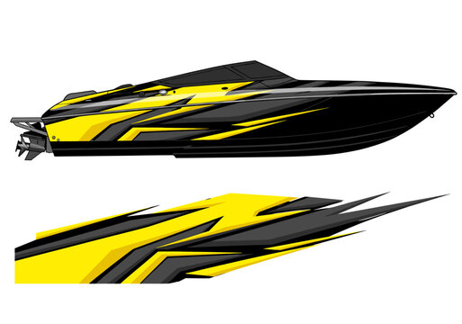 Bright yellow geometric speedboat vinyl wrap decal design template.
