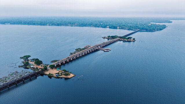 aerial drone  view of Thanneermukkom Bund, bridge located in Alappuzha and Kottayam Kerala, India