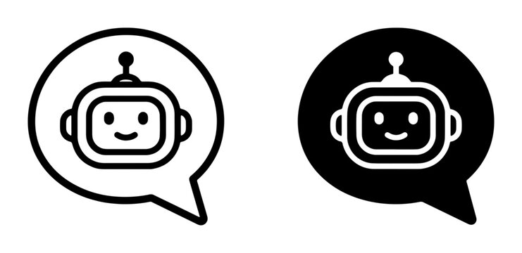 Chatbot Icons: Friendly Robot Head in Speech Bubbles, Outline and Solid Black, AI Assistant Communication Graphics