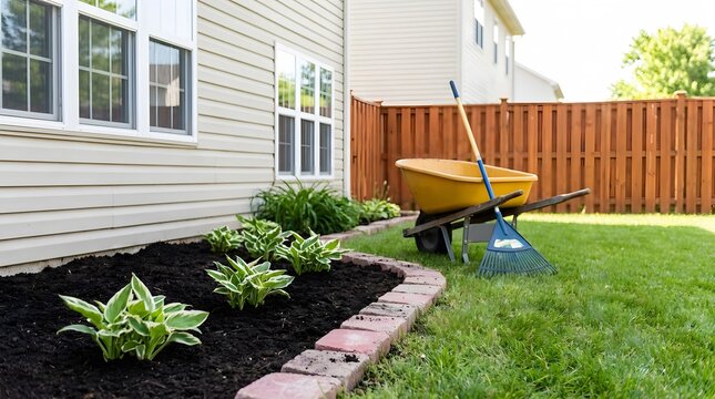 Suburban backyard with a yellow wheelbarrow and garden tools near a house