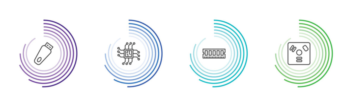 hardware and equipment icon set with pendrive with cover, big processor, random access memory, firewire signs in flat outline style
