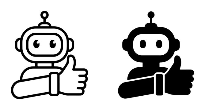 Friendly Robot Thumbs Up Icon Set, AI Assistant Approval Symbol, Cartoon Android Character Vector Graphics