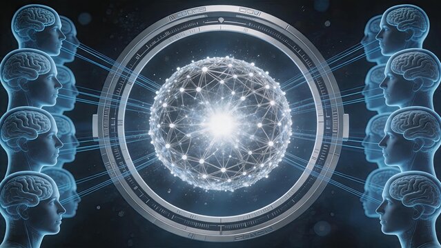 Abstract visualization of collective human intelligence with multiple brain profiles connecting to a central glowing neural network sphere, representing shared knowledge and