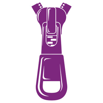 Purple zipper pull tab with metal teeth and slider isolated on white background  clothing accessory