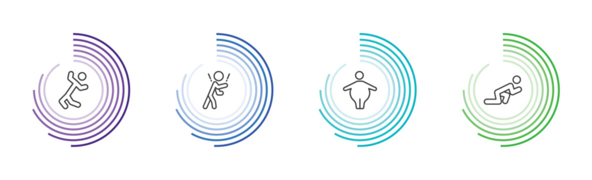 feeling and reaction icon set with ecstatic human, rough human, fat human, ready signs in flat outline style