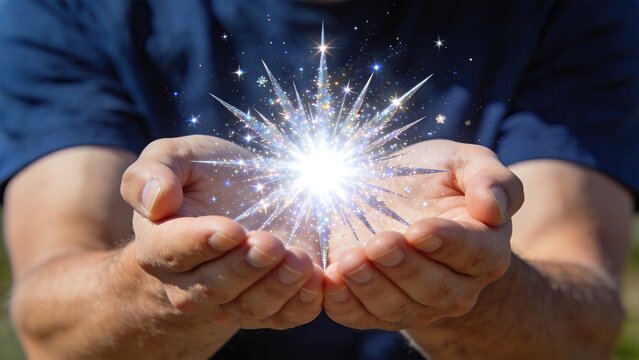 Male hands holding glowing magical energy spark, fantasy power concept, bright light explosion between palms, supernatural force, miracle wish fulfillment, spiritual healing and