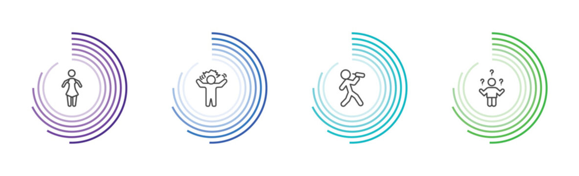 feeling and reaction icon set with sexy human, crazy human, drained human, confused signs in flat outline style