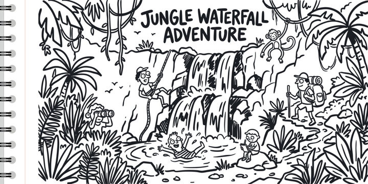 Jungle waterfall adventure coloring book page with explorers climbing hiking and swimming