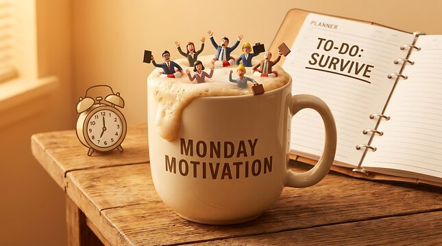 Monday motivation coffee mug with tiny people alarm clock to-do list, motivation