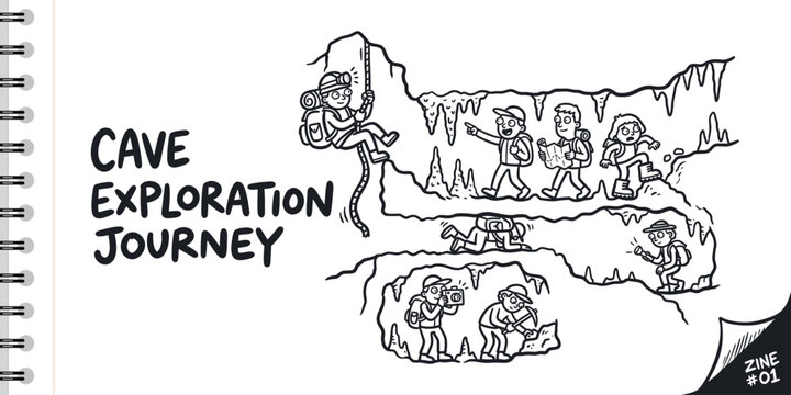 Cave exploration journey cartoon illustration showing people rappelling walking and mining in underground caverns