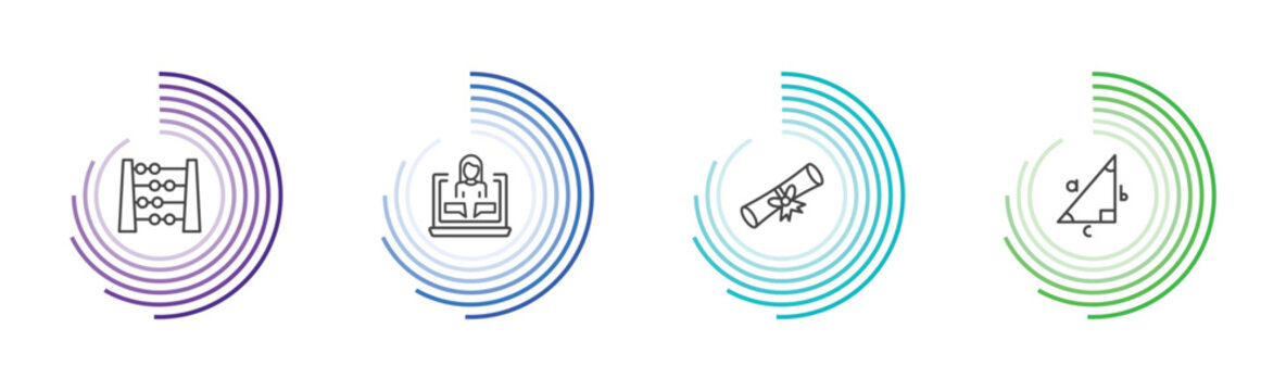 distance learning icon set with abcus, online class, graduation diploma, trigonometry signs in flat outline style