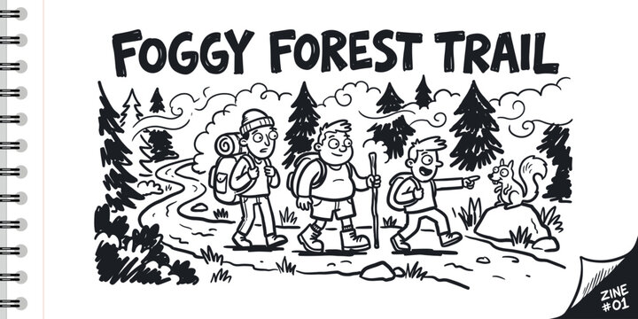 Hand drawn doodle of friends hiking on a foggy forest trail with backpacks and squirrel
