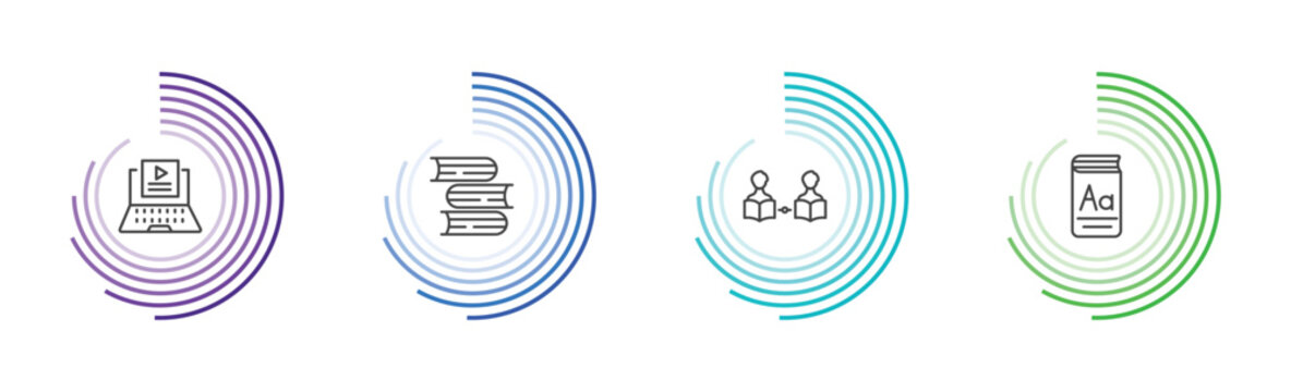 distance learning icon set with video tutorials, stack of books, asynchronous learning, vocabulary signs in flat outline style