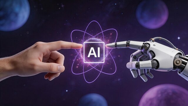 Human hand touching robot hand with glowing AI symbol, collaboration between human and machine, future of work concept, cosmic background with planets, artificial intelligence