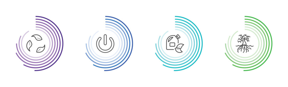 ecology icon set with recycling, green power, biodiesel, tree and roots signs in flat outline style