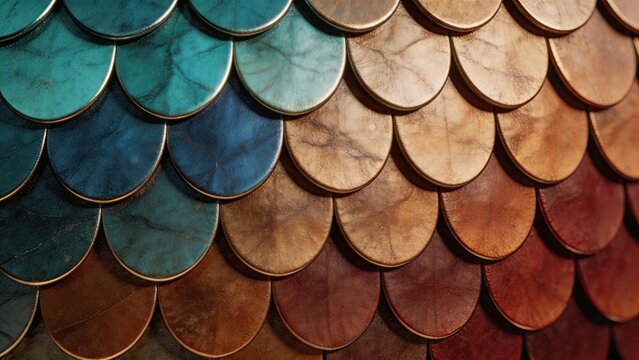 Colorful metallic scales texture with gradient from teal to copper, dragon skin pattern, fantasy armor background, reptile leather surface detail, decorative ornamental design