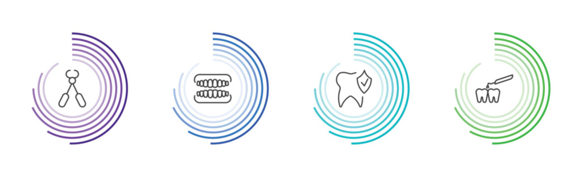 dental health icon set with tooth pliers, dentures, prophylaxis, interproximal signs in flat outline style