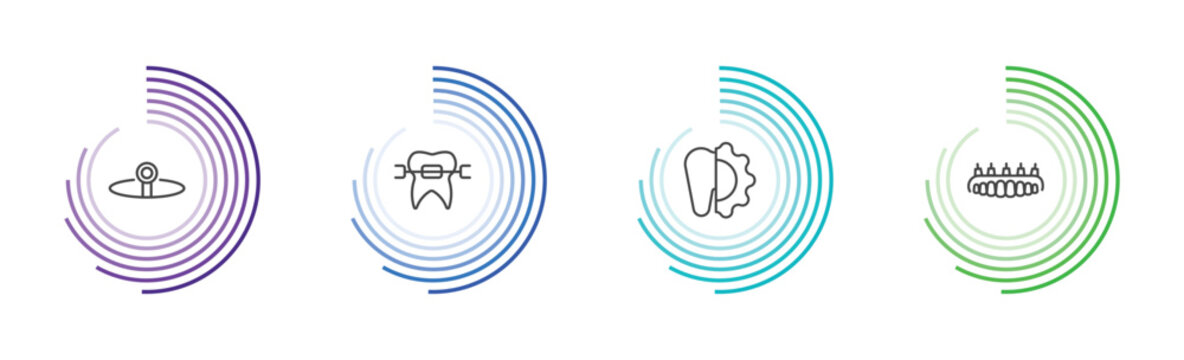 dental health icon set with headlamp, brackets, apicoectomy, dental prosthesis signs in flat outline style