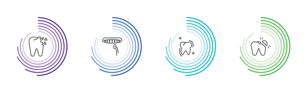 dental health icon set with holed tooth, dental veneer, sealants, broken tooth signs in flat outline style