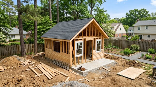 Suburban backyard development featuring a new accessory dwelling unit structure