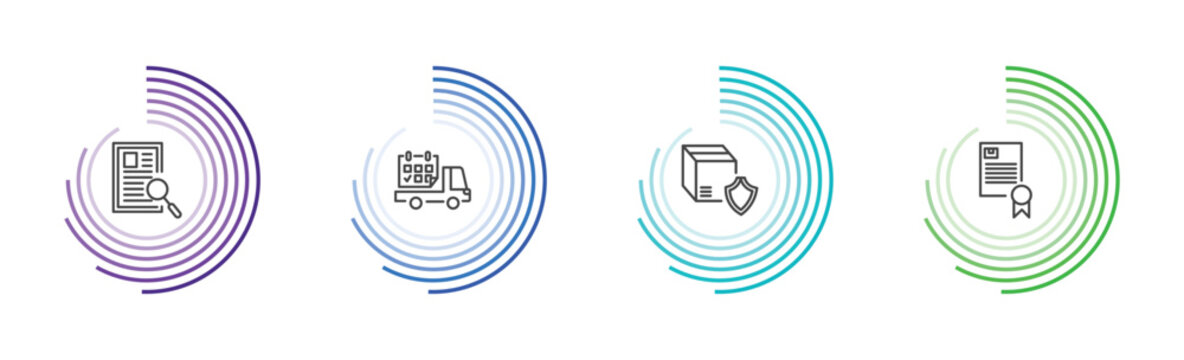 delivery and logistics icon set with waybill, delivery date, delivery shield, charter signs in flat outline style