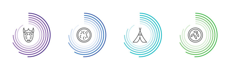 culture and civilization icon set with native american mask, fabada, native american wigwam, sweet and sour pork signs in flat outline style © Abstract