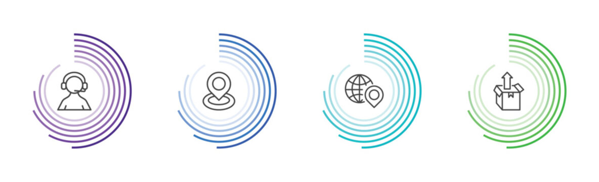 delivery and logistics icon set with support, tracking, distribution, unpacking signs in flat outline style