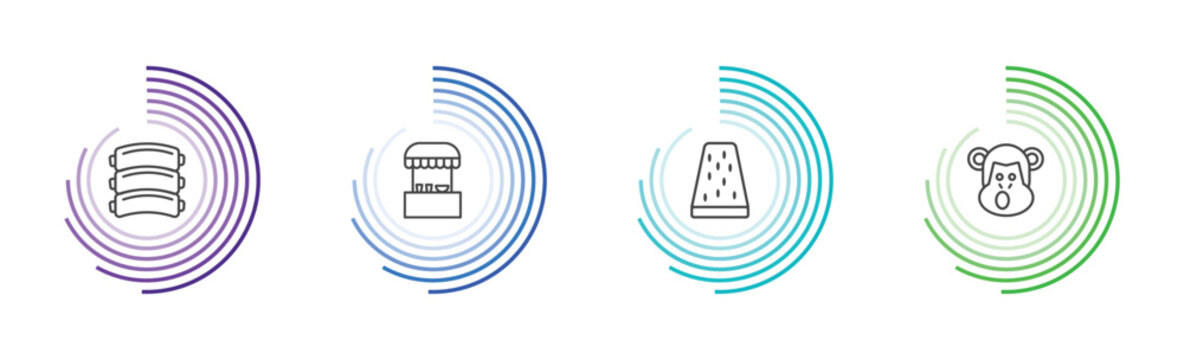 culture and civilization icon set with pork ribs, food stall, turron, chimp face of brazil signs in flat outline style