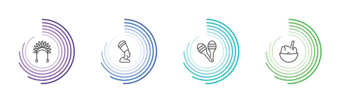 culture and civilization icon set with indian headdress, nefertiti, maracas couple, rice pudding signs in flat outline style