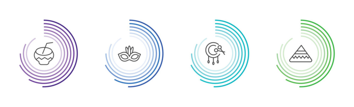 culture and civilization icon set with kalabas, brazil carnival mask, native american drum, calumet signs in flat outline style