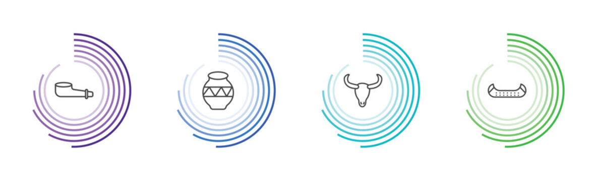 culture and civilization icon set with pipe of peace, native american pot, skull of a bull, native american canoe signs in flat outline style