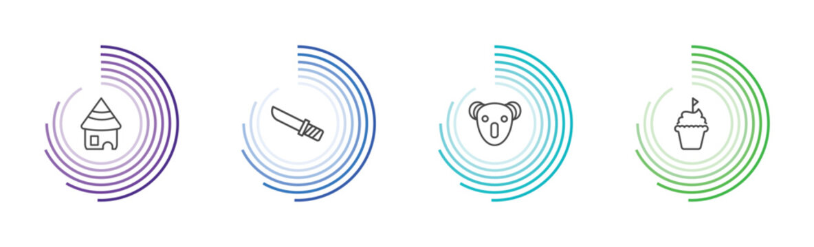culture and civilization icon set with mud hut, knife in sheath, australian koala, cake with a flag signs in flat outline style